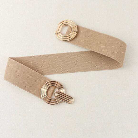 Metal Round Buckle Elastic Cinch Buckle Belt Beige/Brown main image 5
